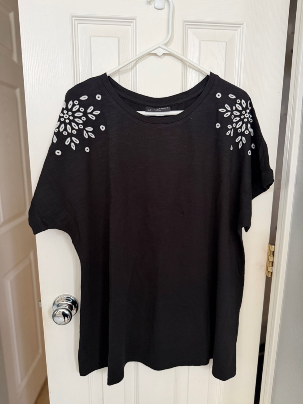 Lane Bryant Black Short-Sleeve Tee with White Embellished Shoulders